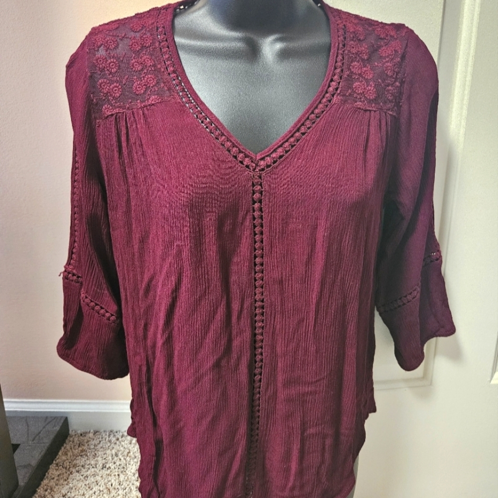 JohnPaulRichard Burgundy Relaxed Tunic with Embellished Neckline